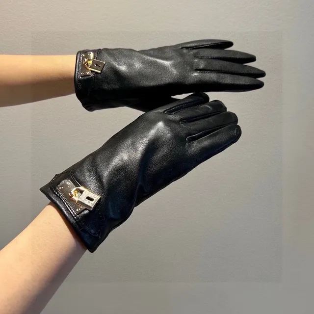 Black Gold Smooth Cuff-Mounted Padlock-Style Hardware Leather Gloves 2