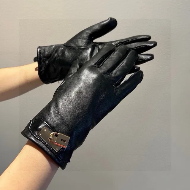 Black Gold Smooth Cuff-Mounted Padlock-Style Hardware Leather Gloves 3