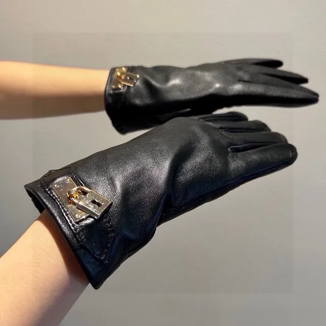 Black Gold Smooth Cuff-Mounted Padlock-Style Hardware Leather Gloves 4