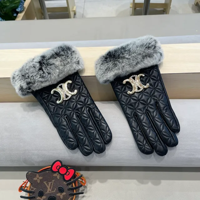 Guantes de cuero negro y gris con puños de piel sintética de zorro acolchados 2