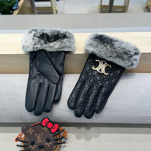 Guantes de cuero negro y gris con puños de piel sintética de zorro acolchados 3