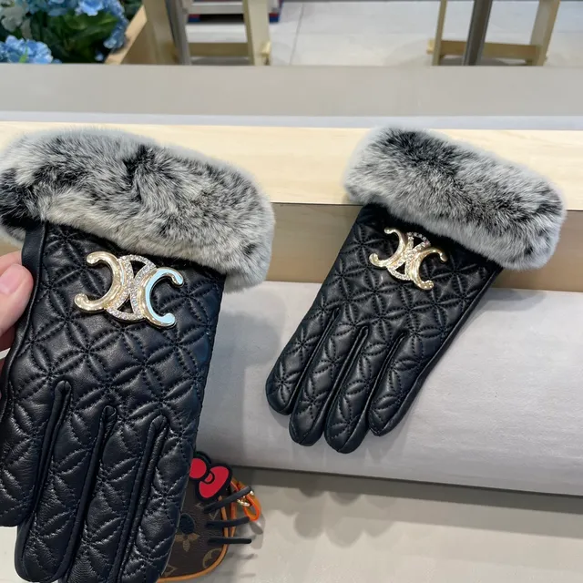 Guantes de cuero negro y gris con puños de piel sintética de zorro acolchados 4