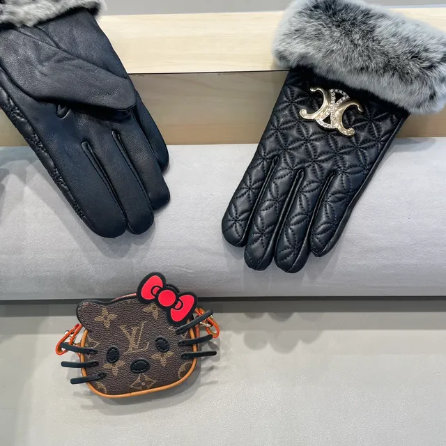 Guantes de cuero negro y gris con puños de piel sintética de zorro acolchados 5