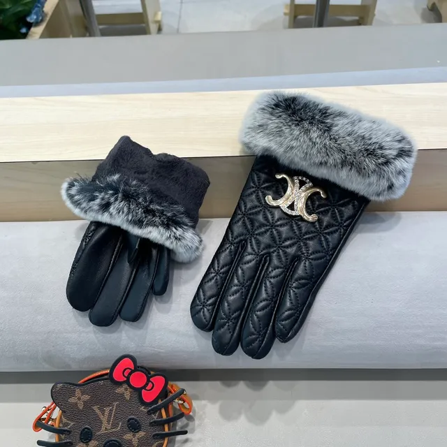 Guantes de cuero negro y gris con puños de piel sintética de zorro acolchados 6