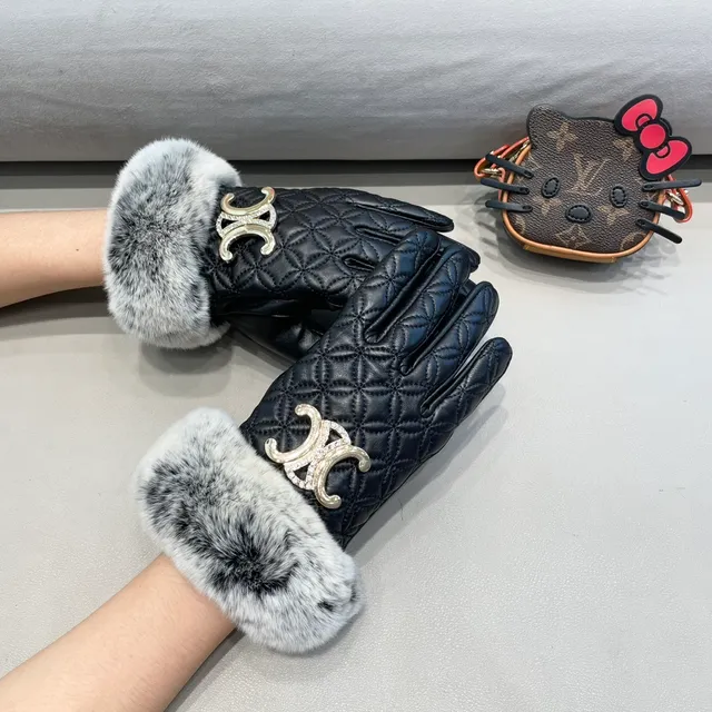 Guantes de cuero negro y gris con puños de piel sintética de zorro acolchados 7