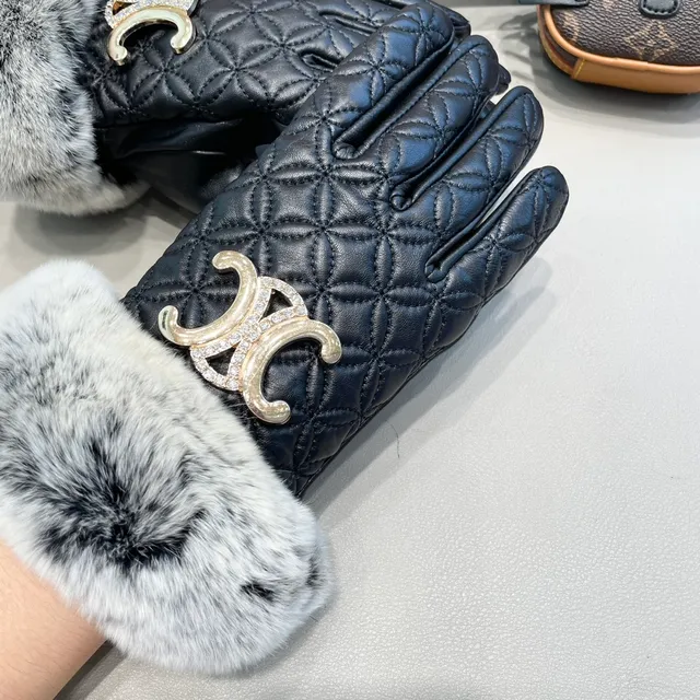 Guantes de cuero negro y gris con puños de piel sintética de zorro acolchados 8