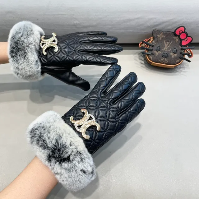 Guantes de cuero negro y gris con puños de piel sintética de zorro acolchados 9