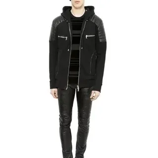 Black Hooded Zip-Front Contrast-Panel Jacket