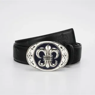 Black Navy Ornate Fleur-De-Lis Buckle Embossed Strap Leather Belt