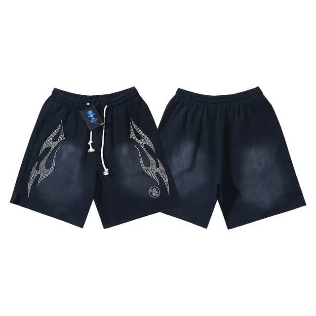 Black Rhinestone Flame Embroidered Drawstring Shorts 2