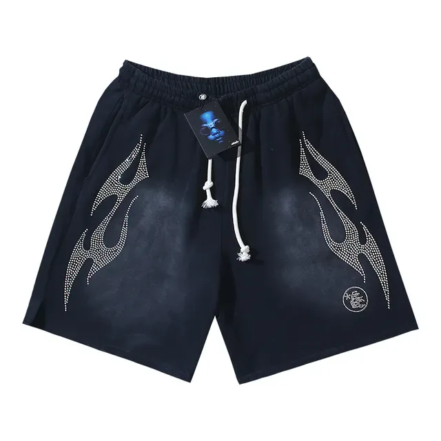 Black Rhinestone Flame Embroidered Drawstring Shorts 3