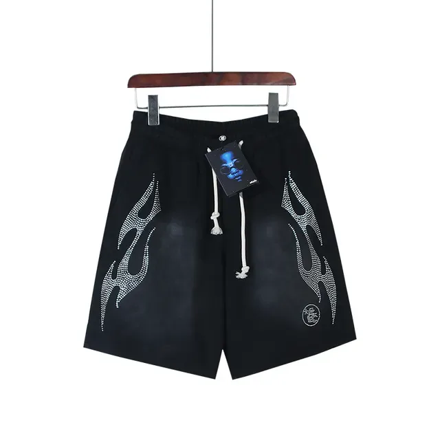 Black Rhinestone Flame Embroidered Drawstring Shorts 6