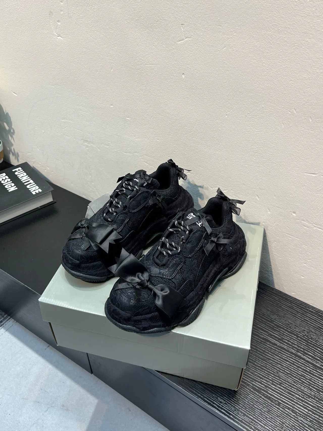 Black Silhouette Textured Mesh Upper Chunky Sneakers 3