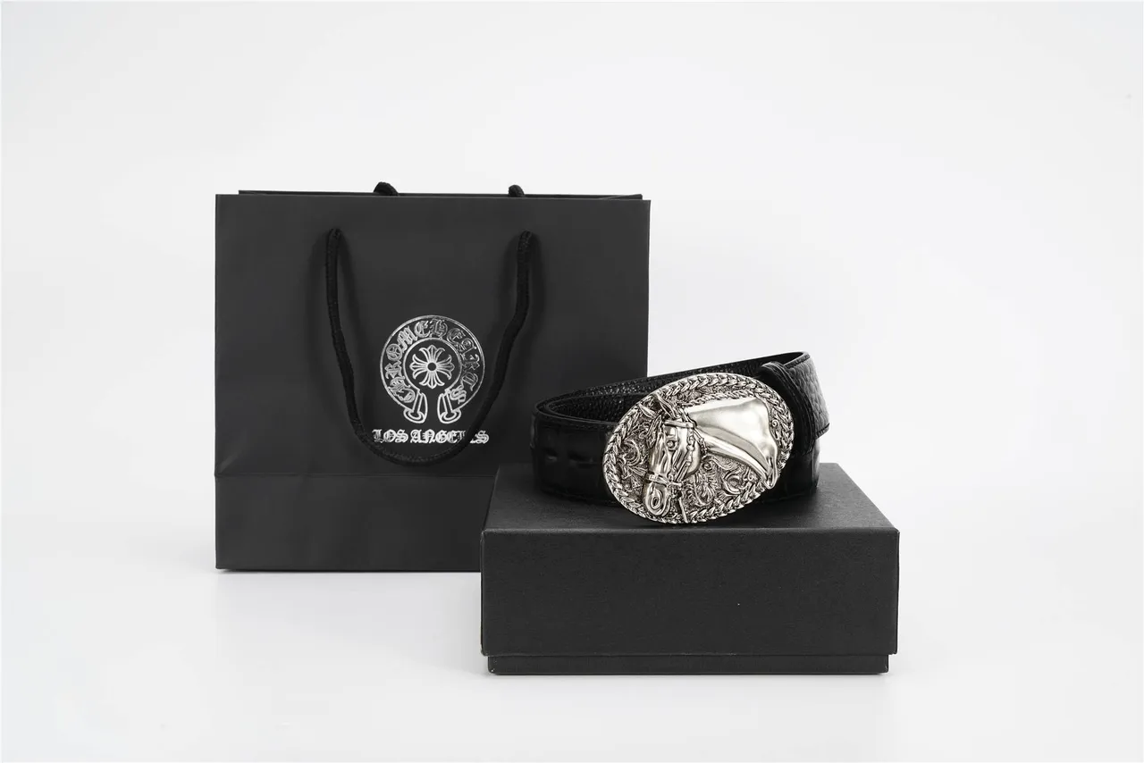 Black Silver Crocodile-Embossed Large Oval Buckle Leather Belt 4