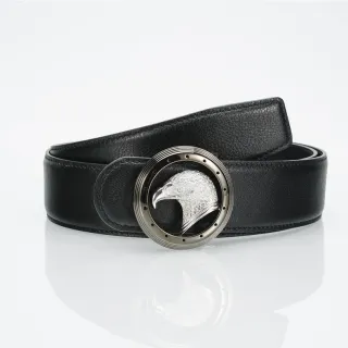 Black Silver Pebbled Circular Eagle-Head Buckle Leather Belt