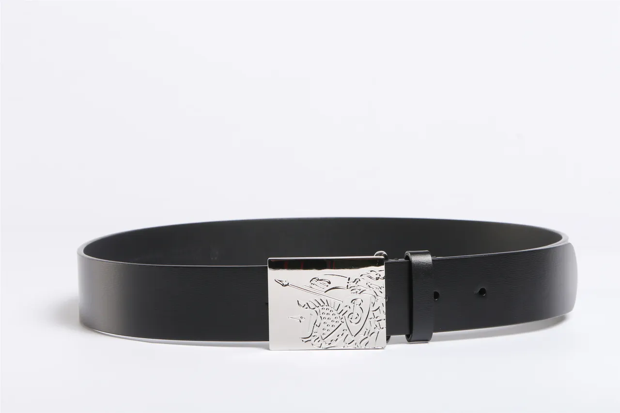 Black Silver Rectangular Engraved Metal Buckle Smooth Strap Leather Belt 9