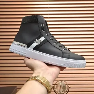 Black White High-Top Crocodile-Textured Collar Sneakers