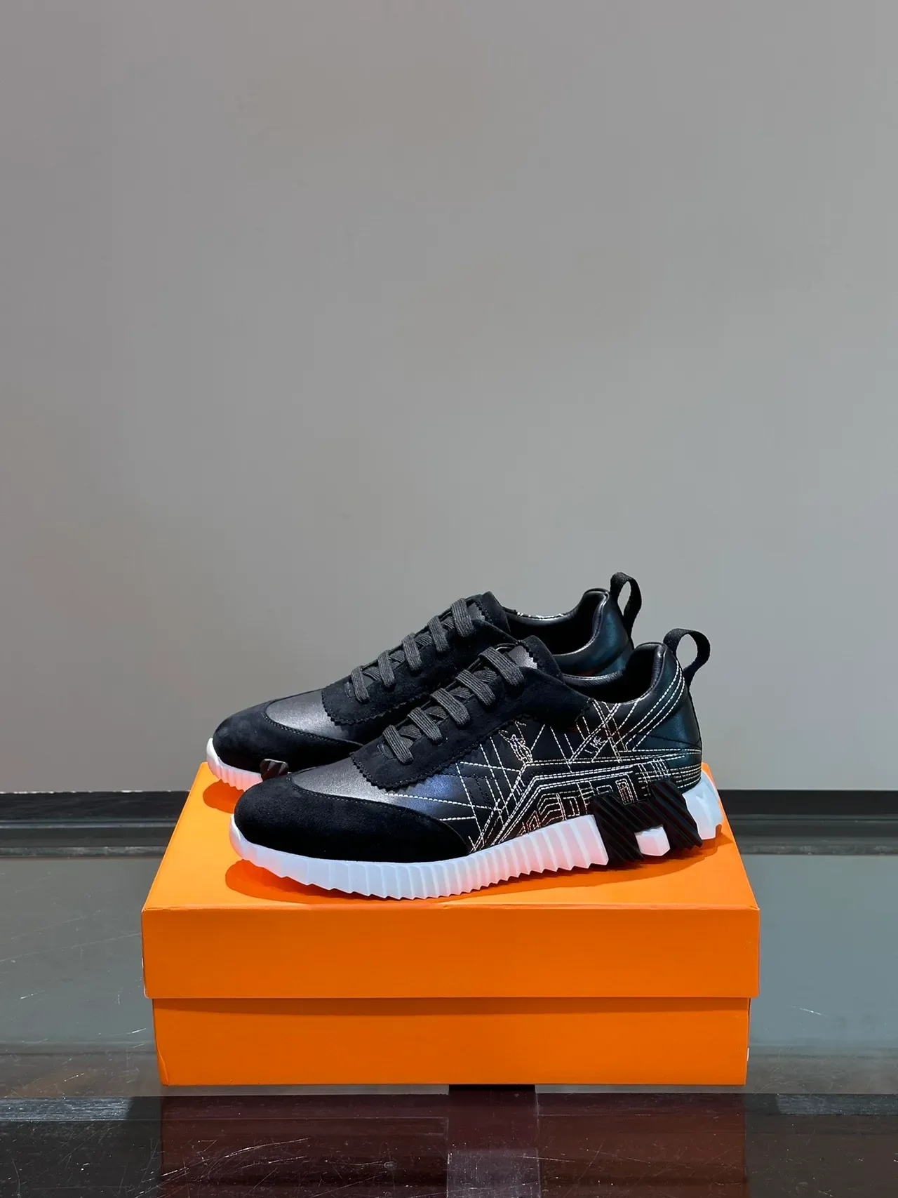 Black White Suede And Leather Upper Geometric Topstitching Sneakers 5
