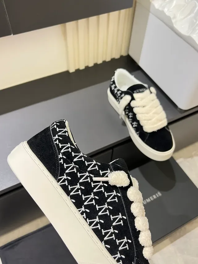 Black White Suede Repeating Monogram Pattern Sneakers 3