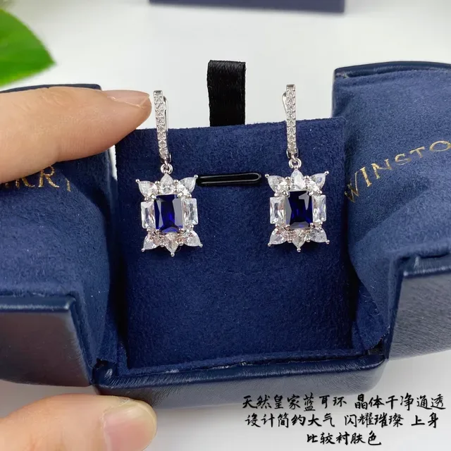 Blue and Clear Stone Dangling Lever-Back Earrings 3