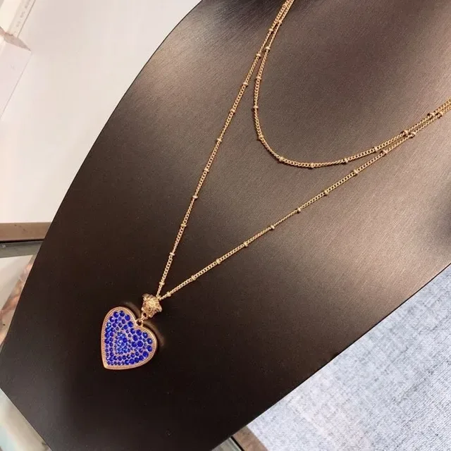 Blue Gold Heart-Shaped Pavé-Set Stones Necklace 2