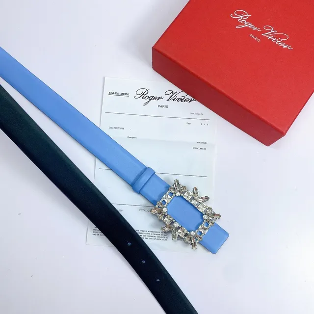 Blue Silver Crystal-Embellished Buckle Rectangular Frame Design Leather Belt 3