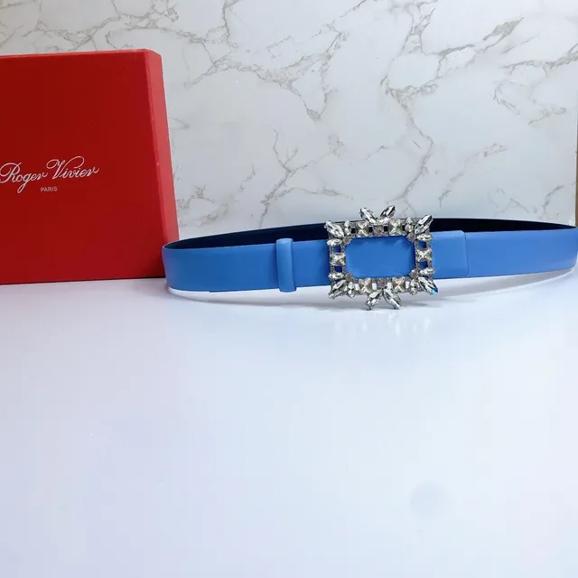 Blue Silver Crystal-Embellished Buckle Rectangular Frame Design Leather Belt 6