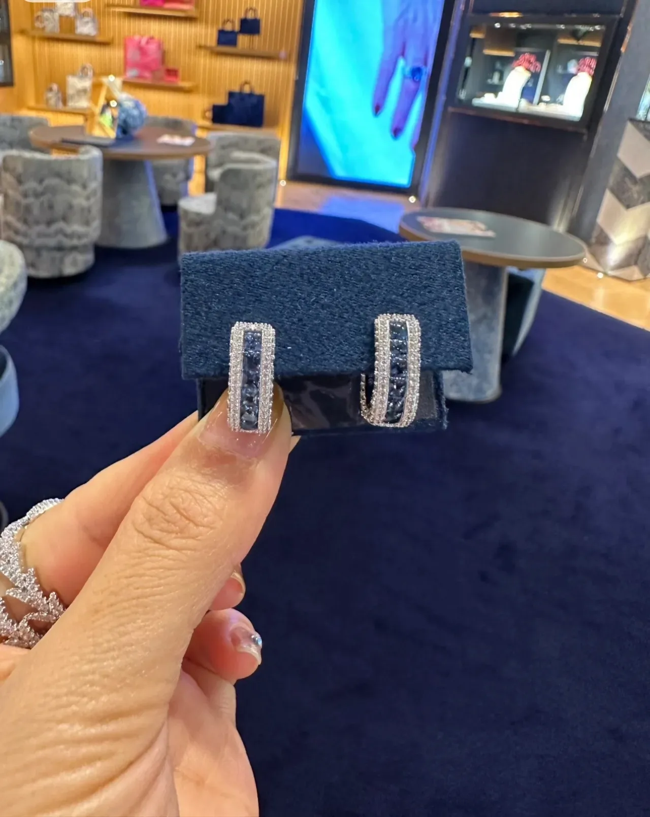 Blue Silver Hoop Pavé-Set Earrings 6