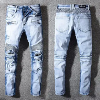 Blue White Distressed Zippered Pockets Jeans