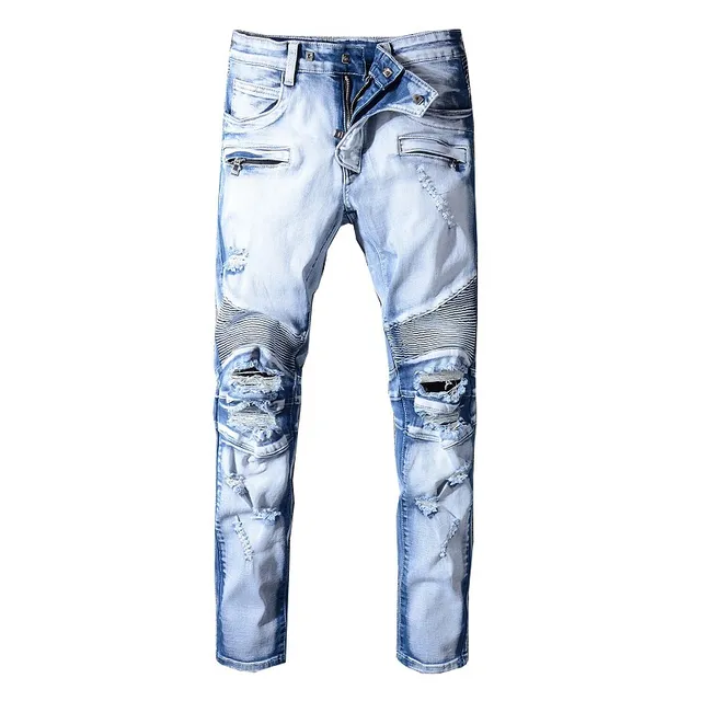 Jeans bleu et blanc distressed à poches zippées 13
