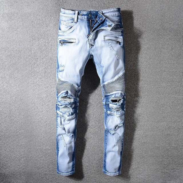 Jeans bleu et blanc distressed à poches zippées 14