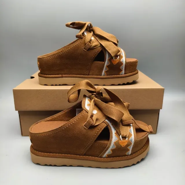 Brown Beige Platform Sole Ribbon Tie Closure Sandals 5