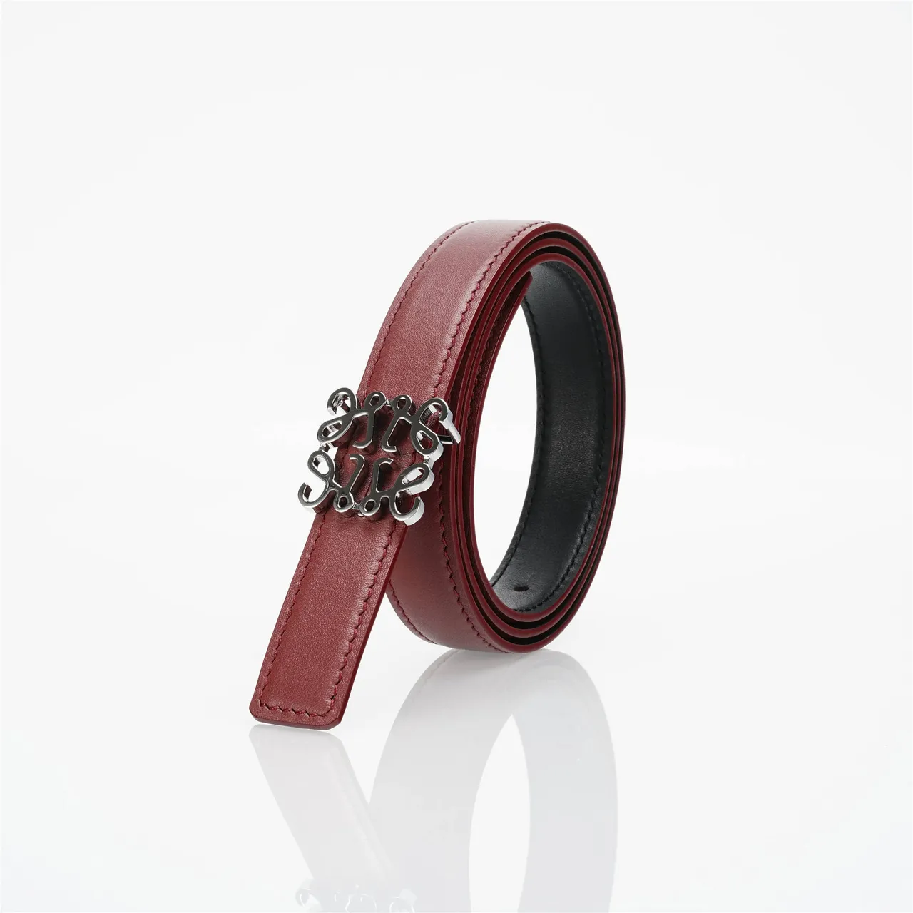 Burgundy Black Slim Stitched Edge Detail Leather Belt 6
