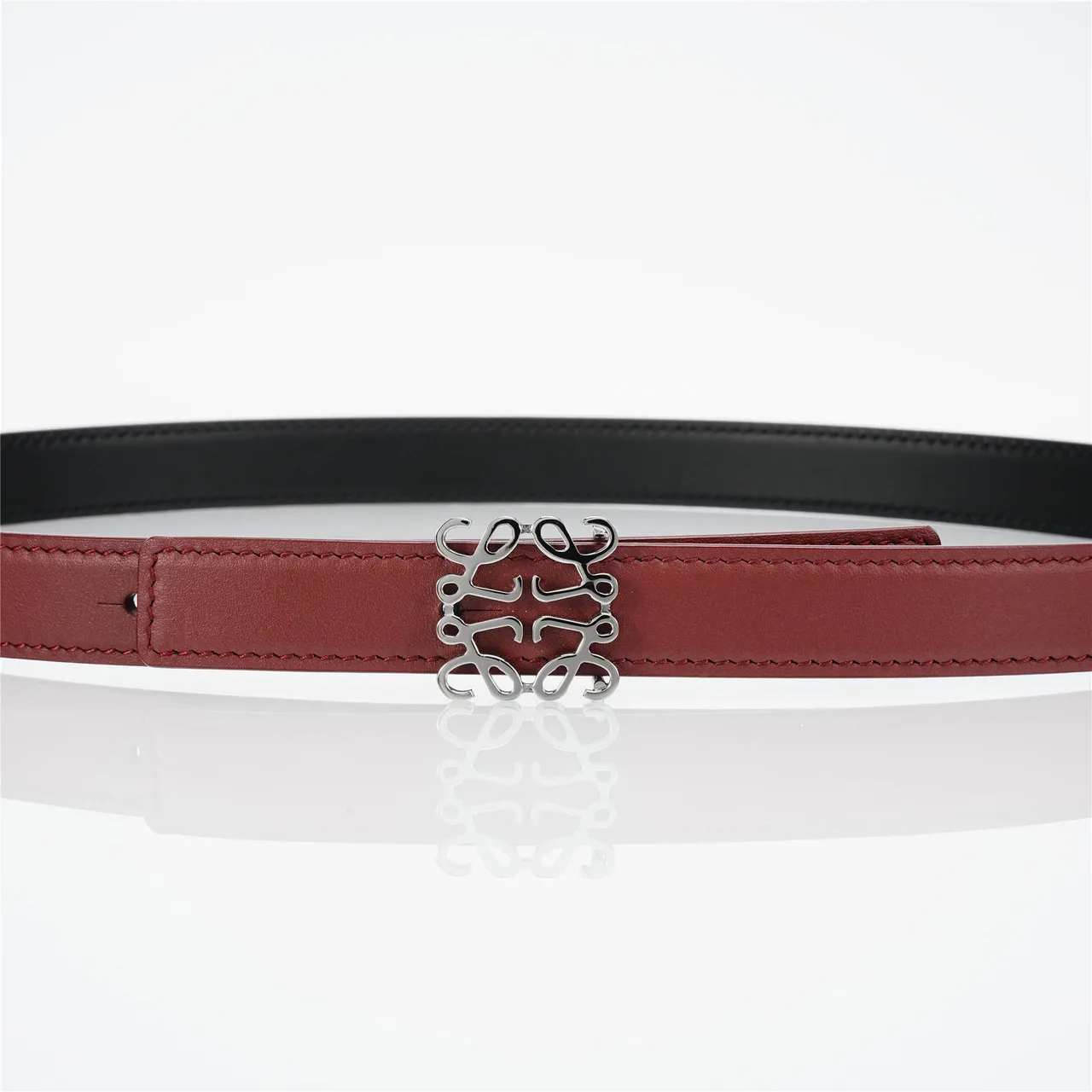 Burgundy Black Slim Stitched Edge Detail Leather Belt 7