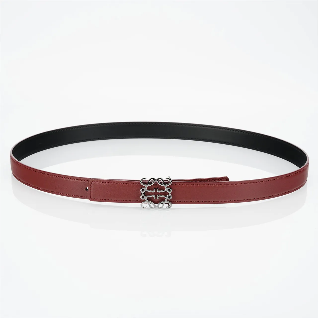 Burgundy Black Slim Stitched Edge Detail Leather Belt 8