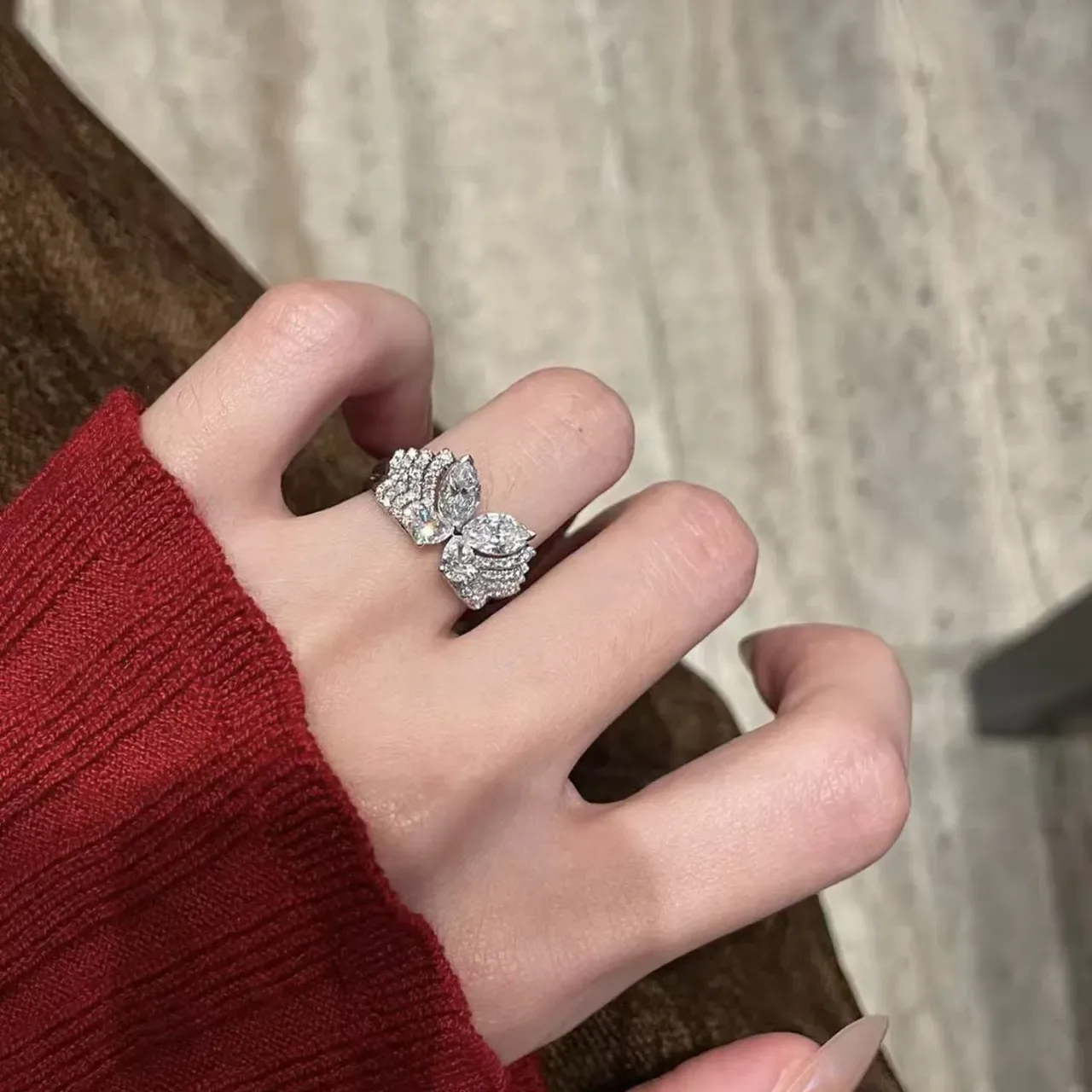 Butterfly Silhouette Pavé-Set Marquise Gemstone Ring 3