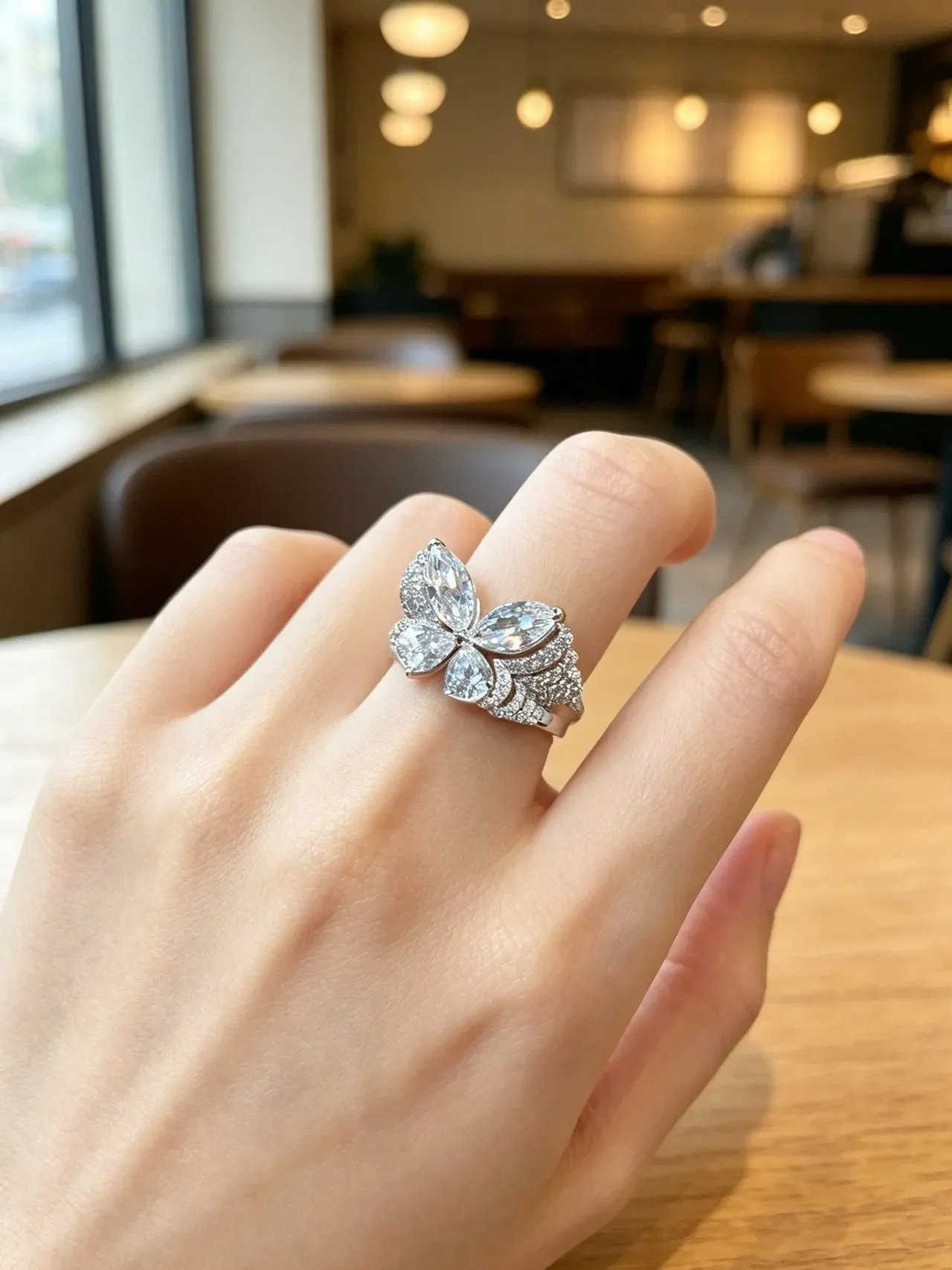 Butterfly Silhouette Pavé-Set Marquise Gemstone Ring 4