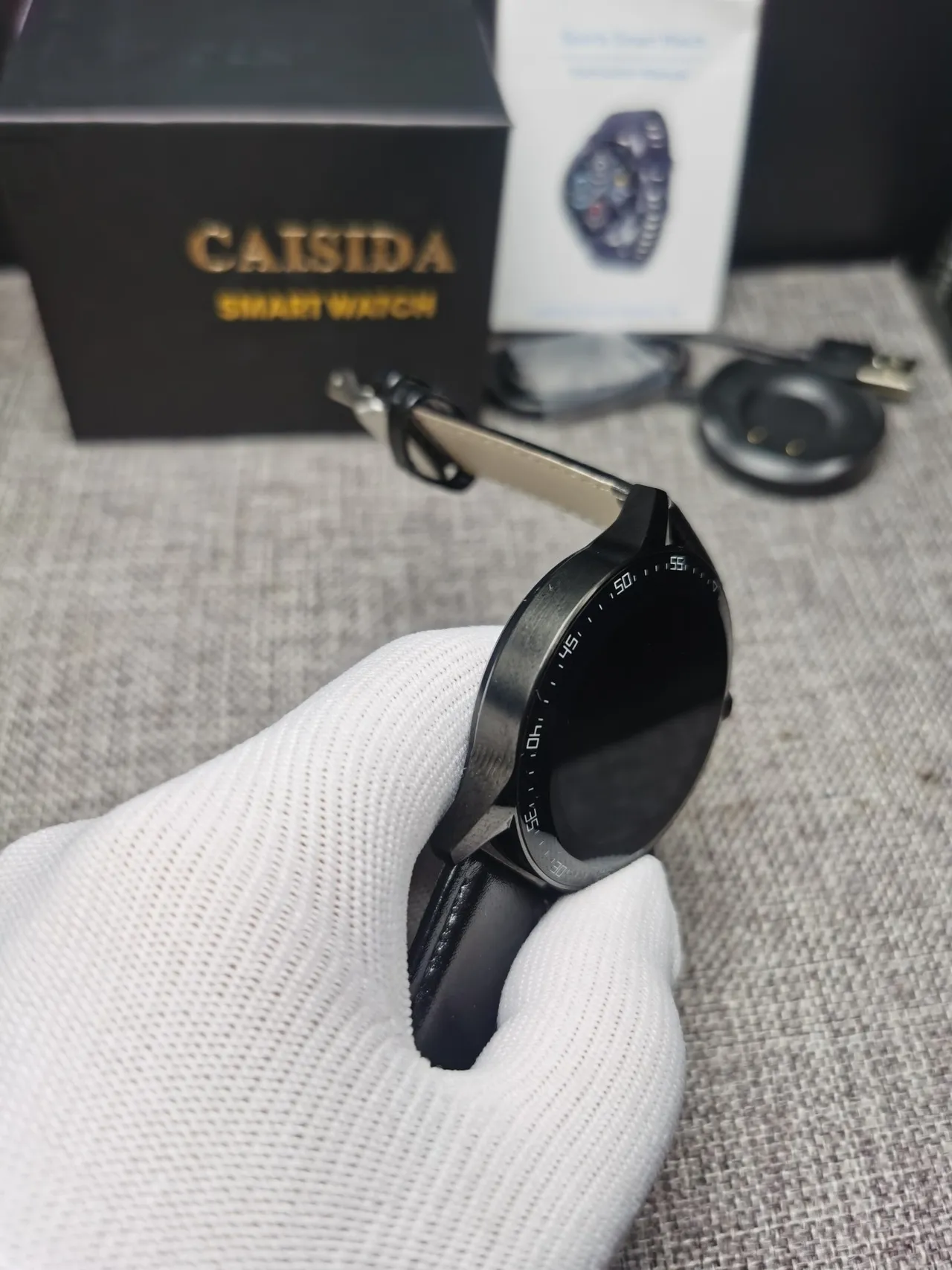 CAISIDA स्मार्ट घड़ी काली चमड़े की पट्टी गोल डिजिटल डिस्प्ले स्पोर्ट्स घड़ी 7