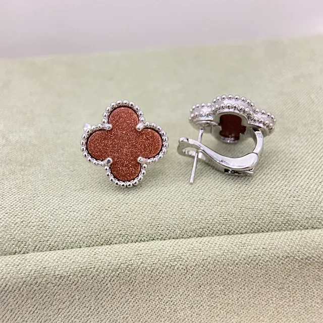 Clover-Shaped Glitter Brown Stone Stud Earrings 3