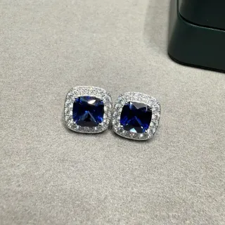Cushion-Cut Blue Gem Pave Halo Square Stud Earrings