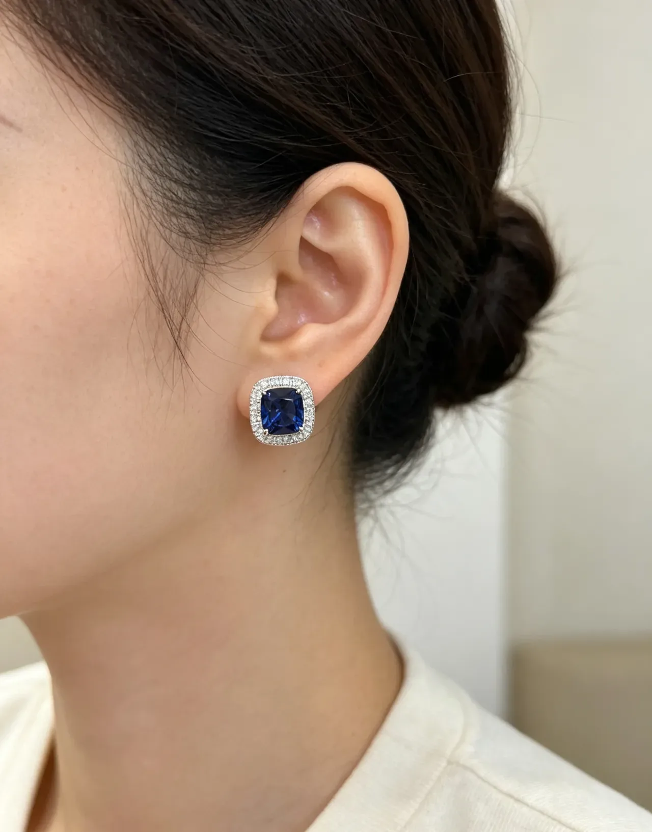 Cushion-Cut Blue Gem Pave Halo Square Stud Earrings 2