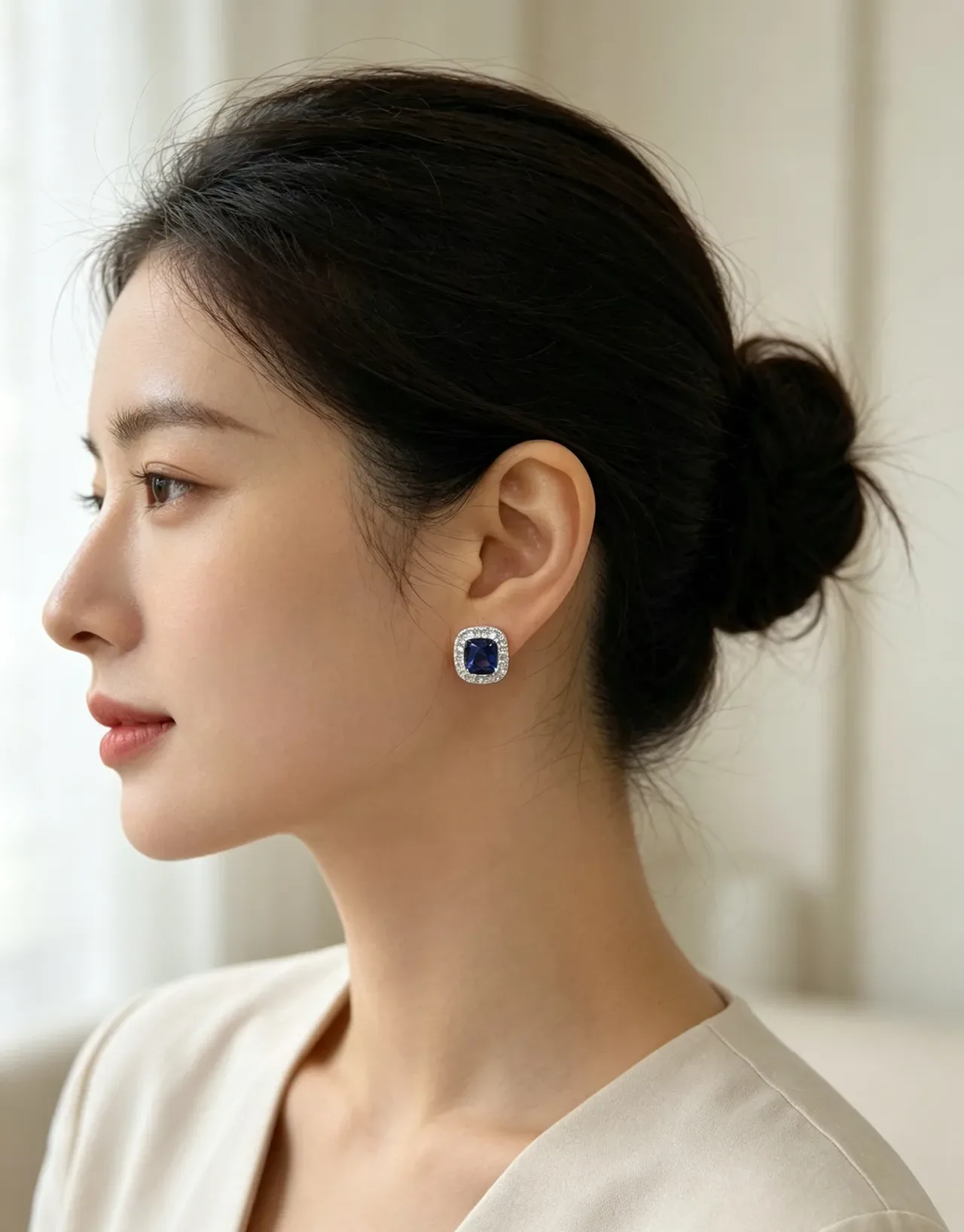 Cushion-Cut Blue Gem Pave Halo Square Stud Earrings 3