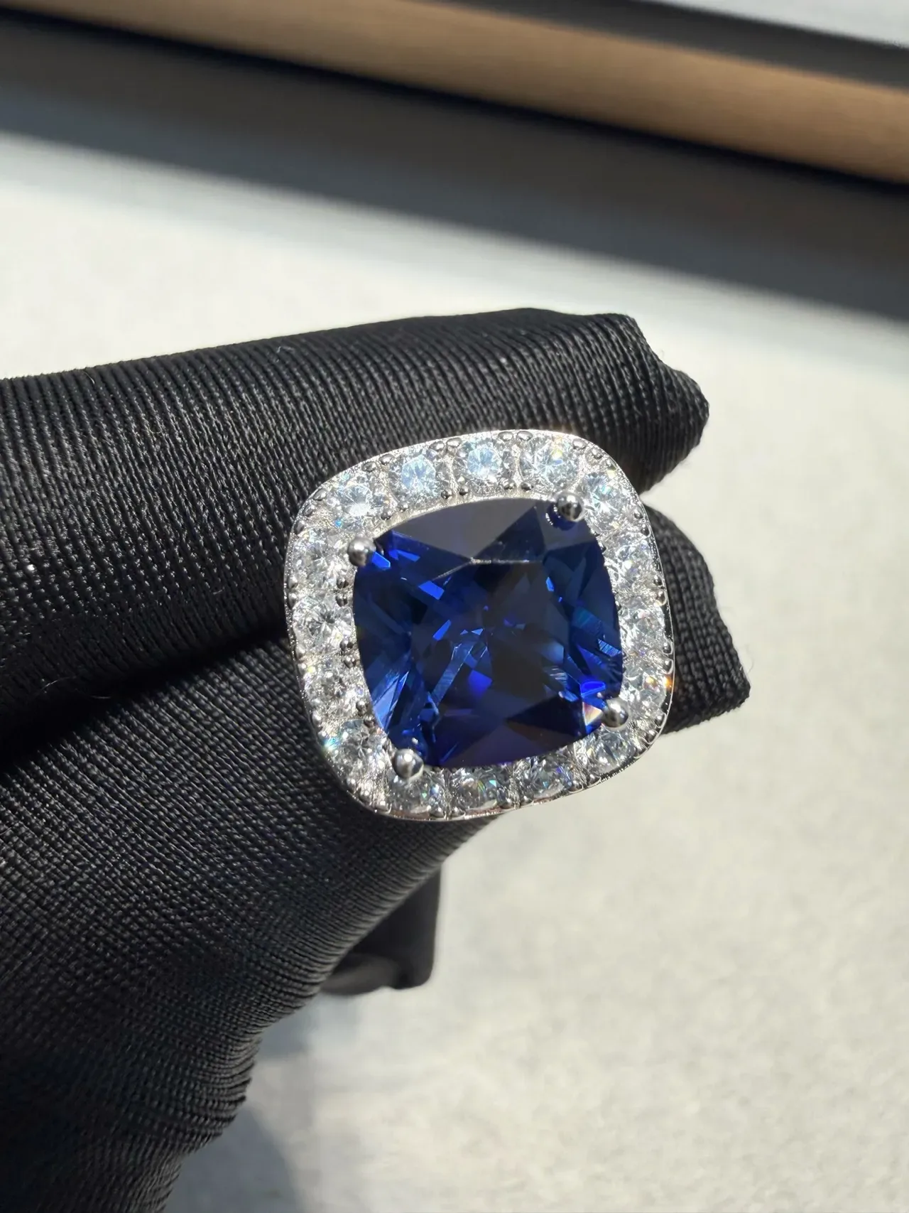 Cushion-Cut Blue Gem Pave Halo Square Stud Earrings 4