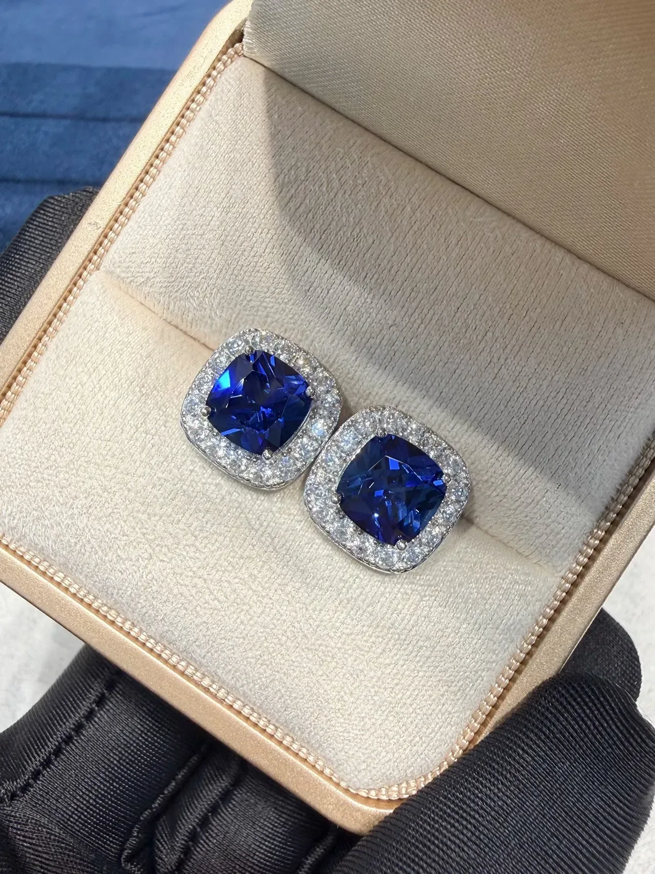 Cushion-Cut Blue Gem Pave Halo Square Stud Earrings 5