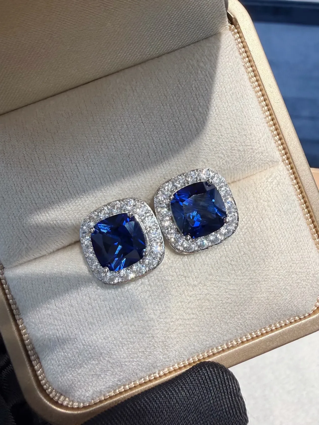 Cushion-Cut Blue Gem Pave Halo Square Stud Earrings 6