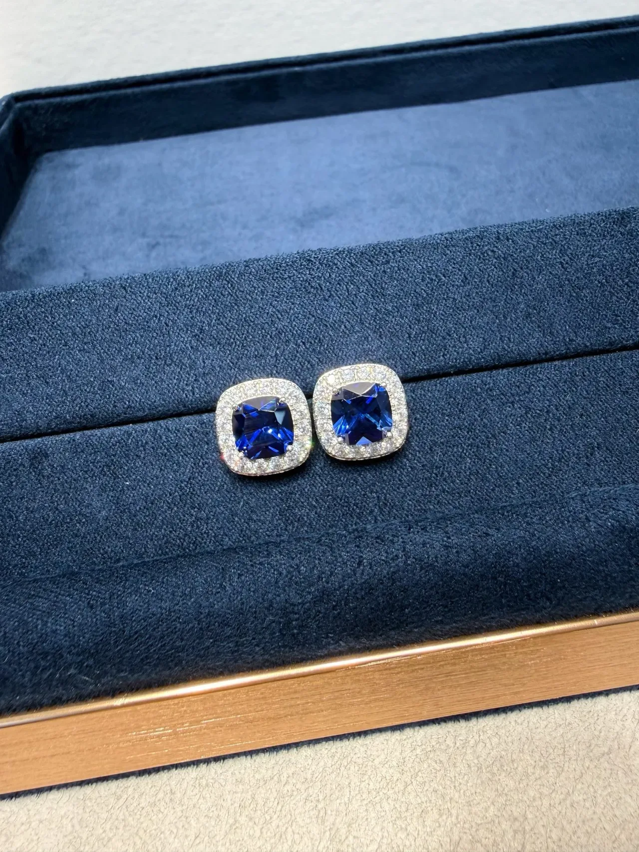 Cushion-Cut Blue Gem Pave Halo Square Stud Earrings 7