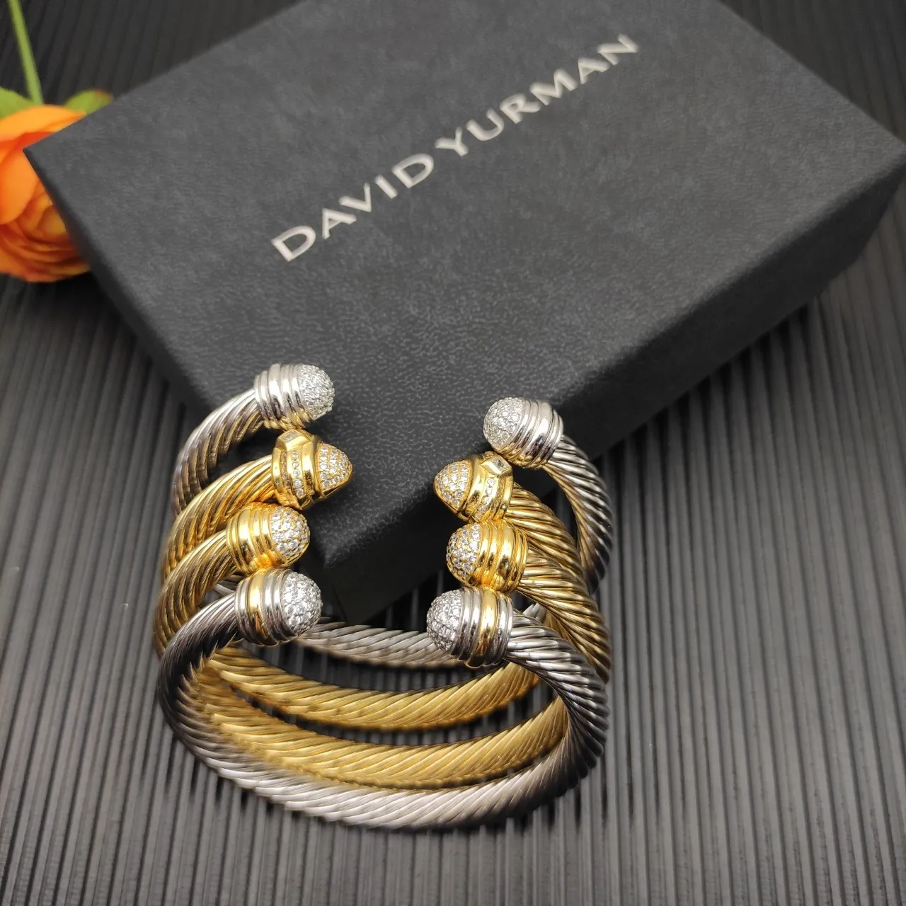 David Yurman Cable Classic Cuff 金银 扭转 微晶石镶嵌 球形末端 手镯 2