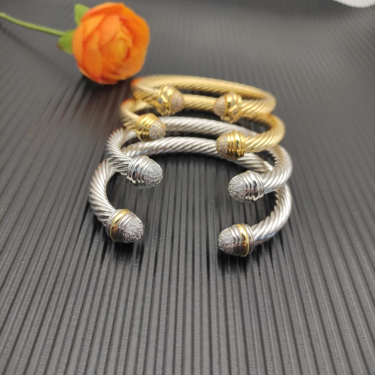 David Yurman Cable Classic Cuff 金银 扭转 微晶石镶嵌 球形末端 手镯 5