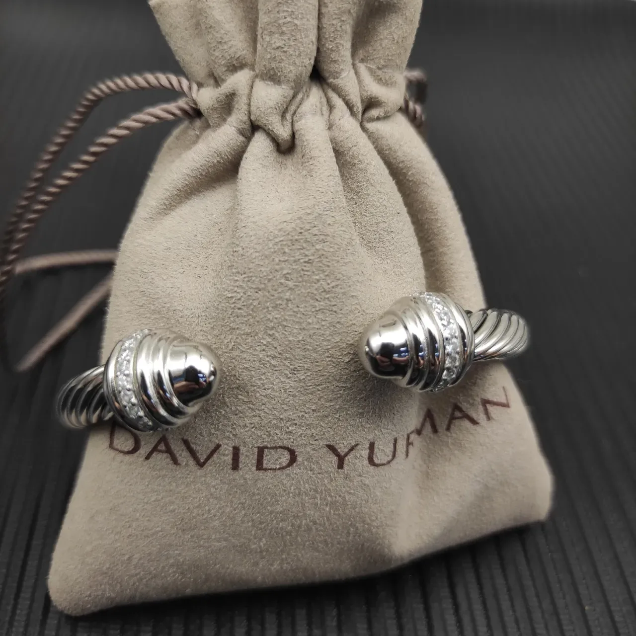 David Yurman Cable Classic Silver White Twisted Pavé-Diamond Terminals Bracelet 9