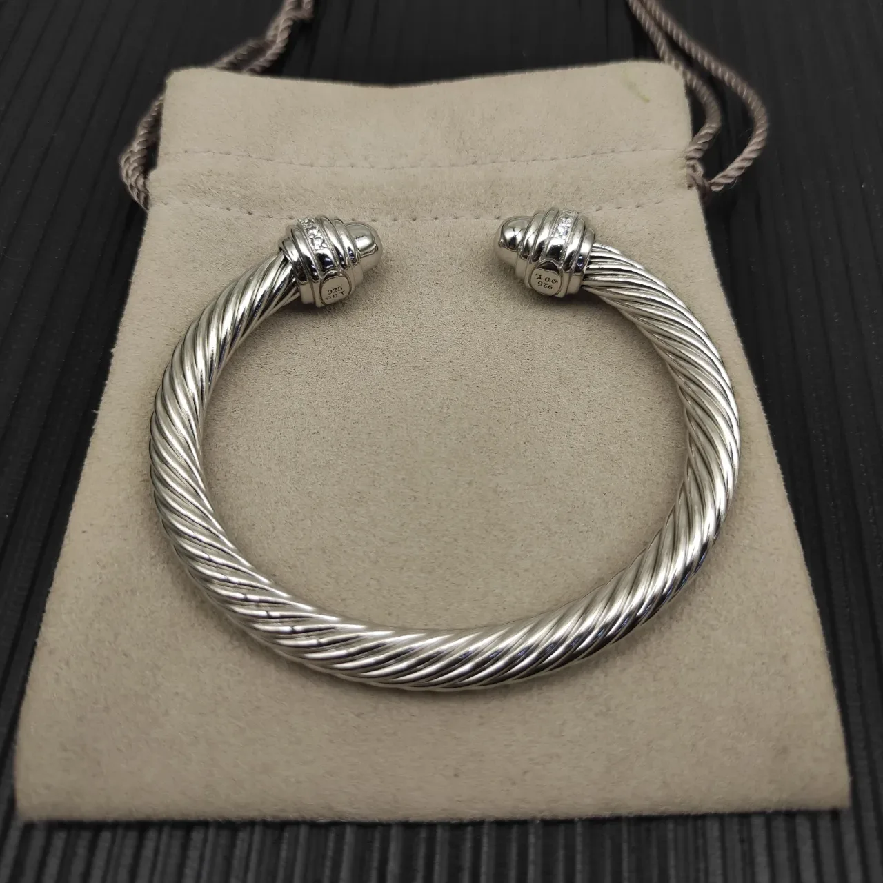 David Yurman Cable Classic Silver White Twisted Pavé-Diamond Terminals Bracelet 13
